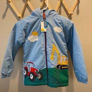 NWT Mini Boden hooded lined winter coat tractor digger theme